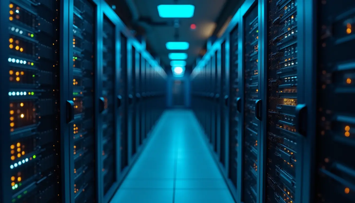 Eye-level view of a server rack with glowing network cables