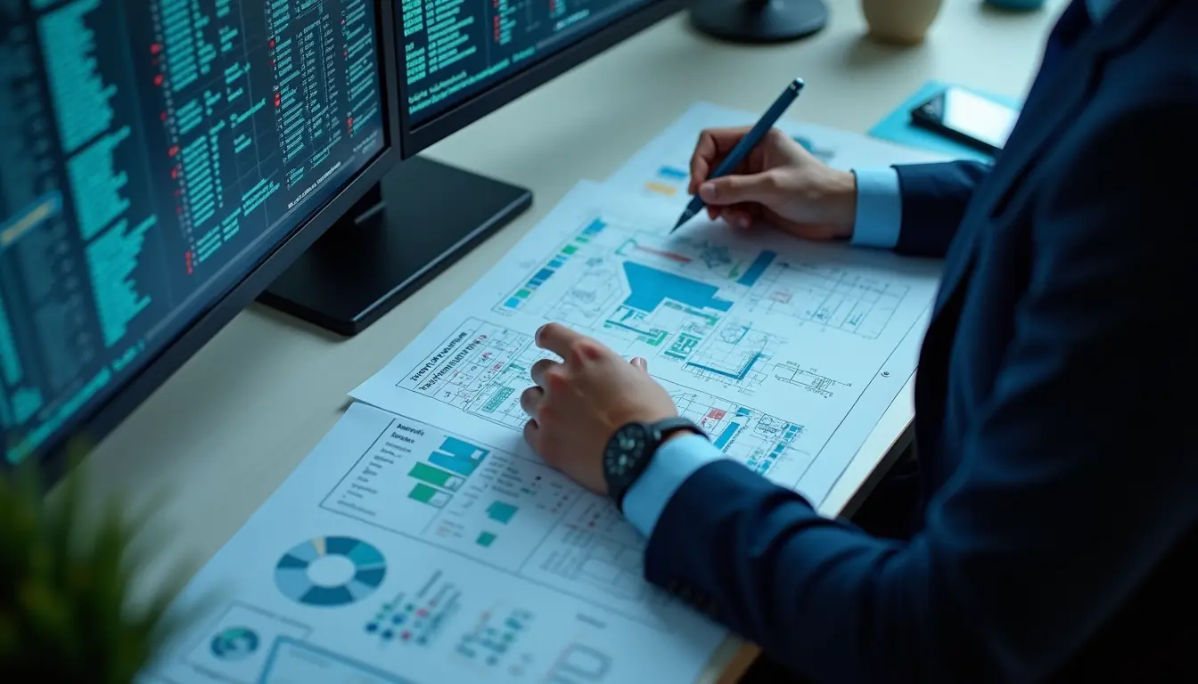 High angle view of a cybersecurity analyst reviewing network diagrams